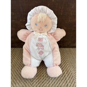 Prestige Baby Plush Doll Pink Soft Nursery Lovey Rattle Spot Blue Eyes